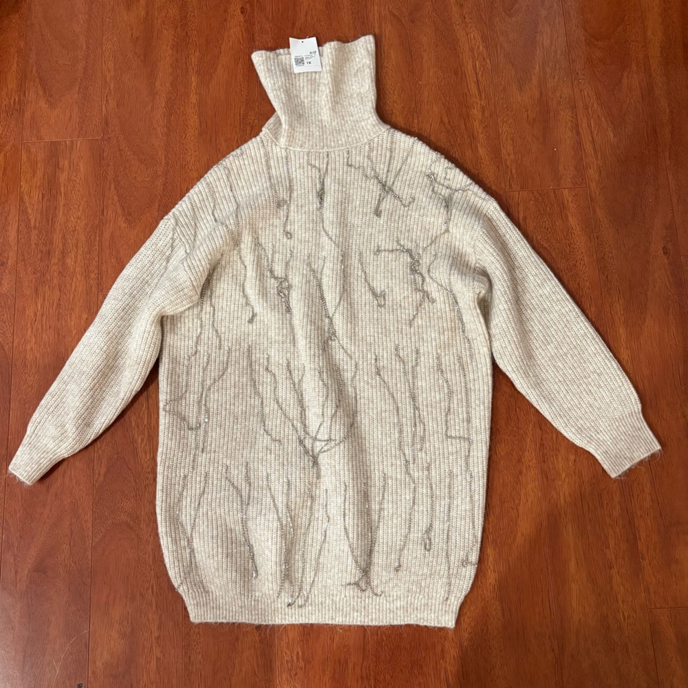 Women's Cream Sweater Dress with Rhinestone Drop Design